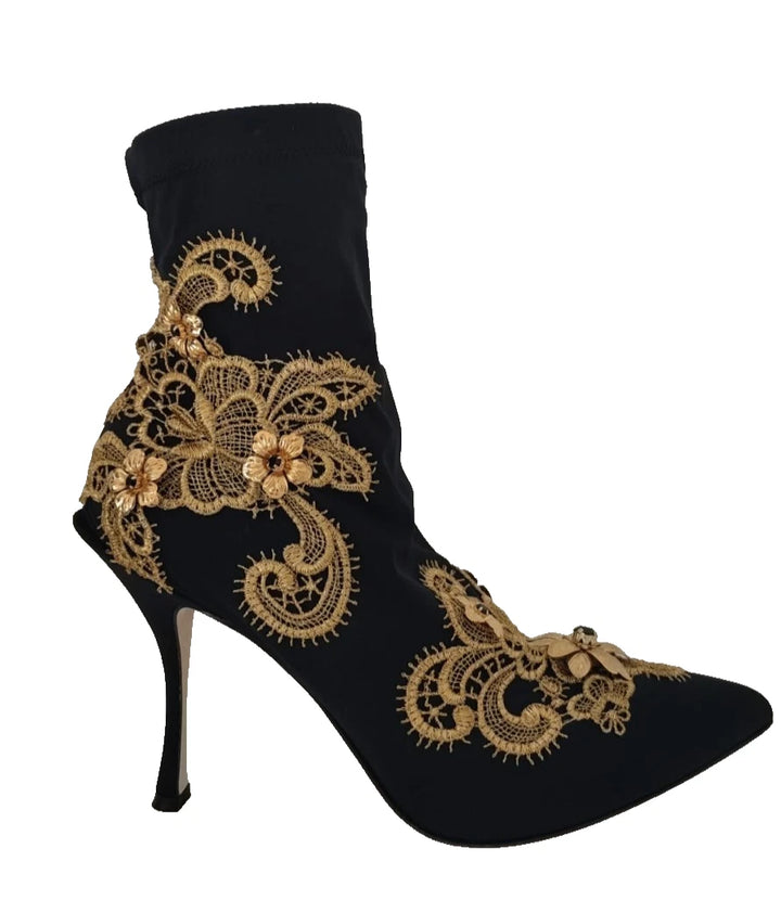 Bottes Chaussures Dolce & Gabbana Noires Broderie Or Cristaux
