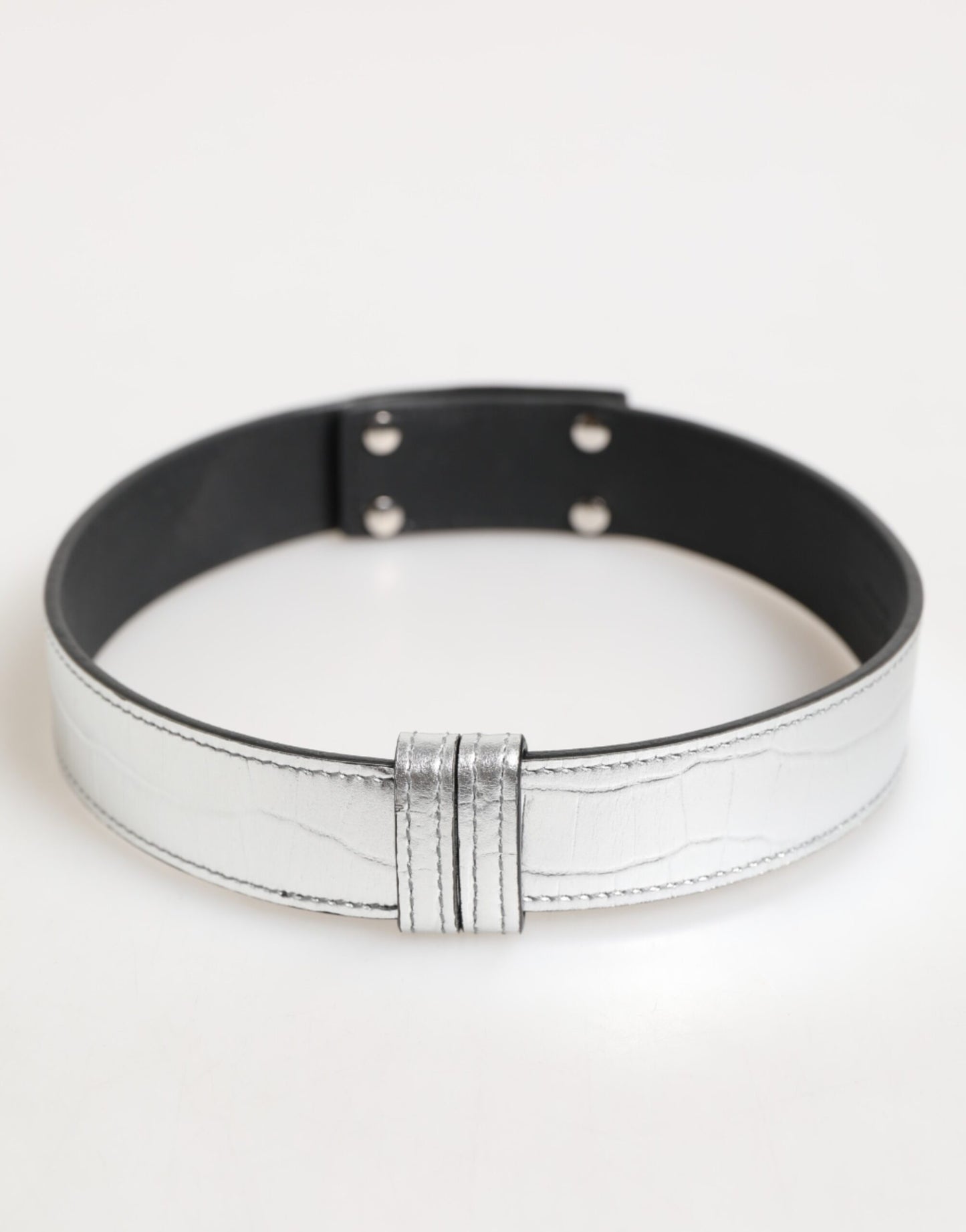 Dolce & Gabbana Silver Textured Leather Gold Tone Metal Neckband