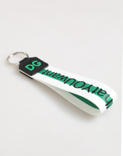 Dolce & Gabbana Green Logo Polyester Silver Brass Holder Keychain Keyring