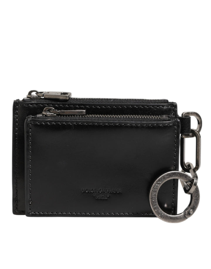 Dolce & Gabbana Tarjetero con Cremallera de Cuero Negro Monedero Llavero Cartera