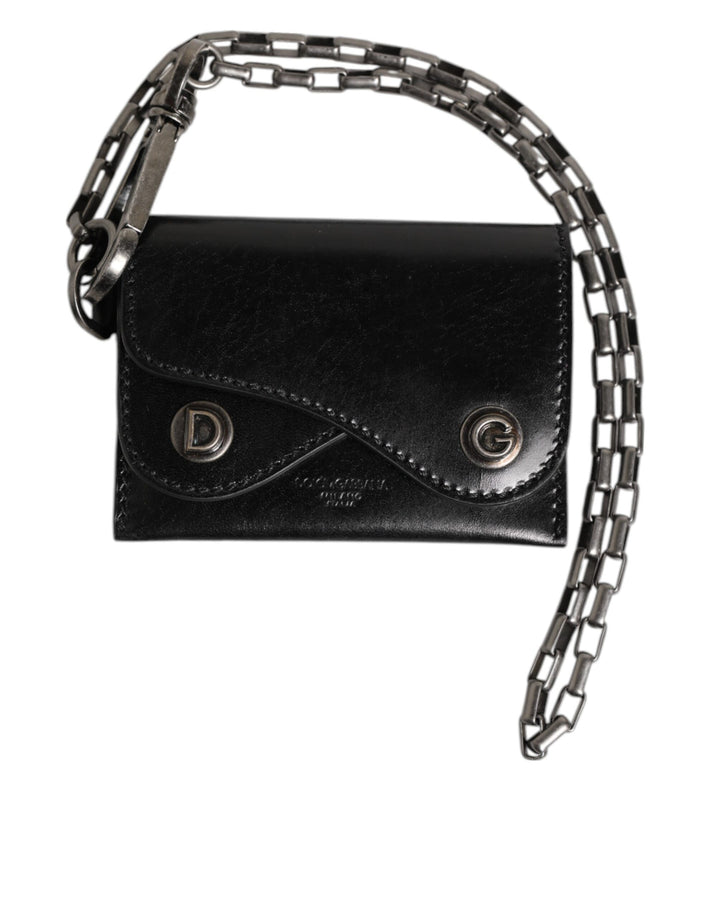 Cartera con cadena y cierre a presión de cuero Cavallo negra Dolce & Gabbana con doblez para tarjetas
