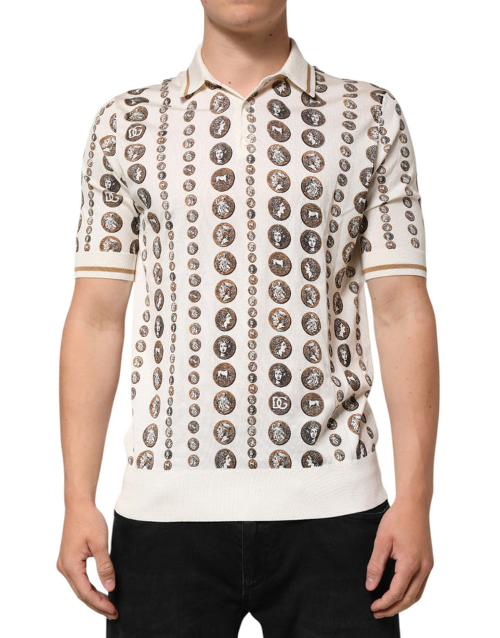 T-shirt polo Dolce & Gabbana en soie ivoire à imprimé pièces de monnaie pour homme