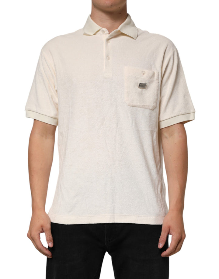T-shirt polo Dolce & Gabbana en coton éponge ivoire avec logo sur la poche