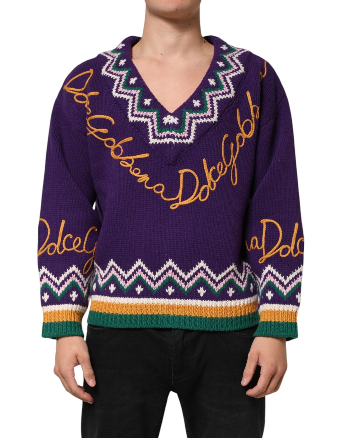 Suéter con diseño de punto de lana morada con logo DG de Dolce & Gabbana para hombre