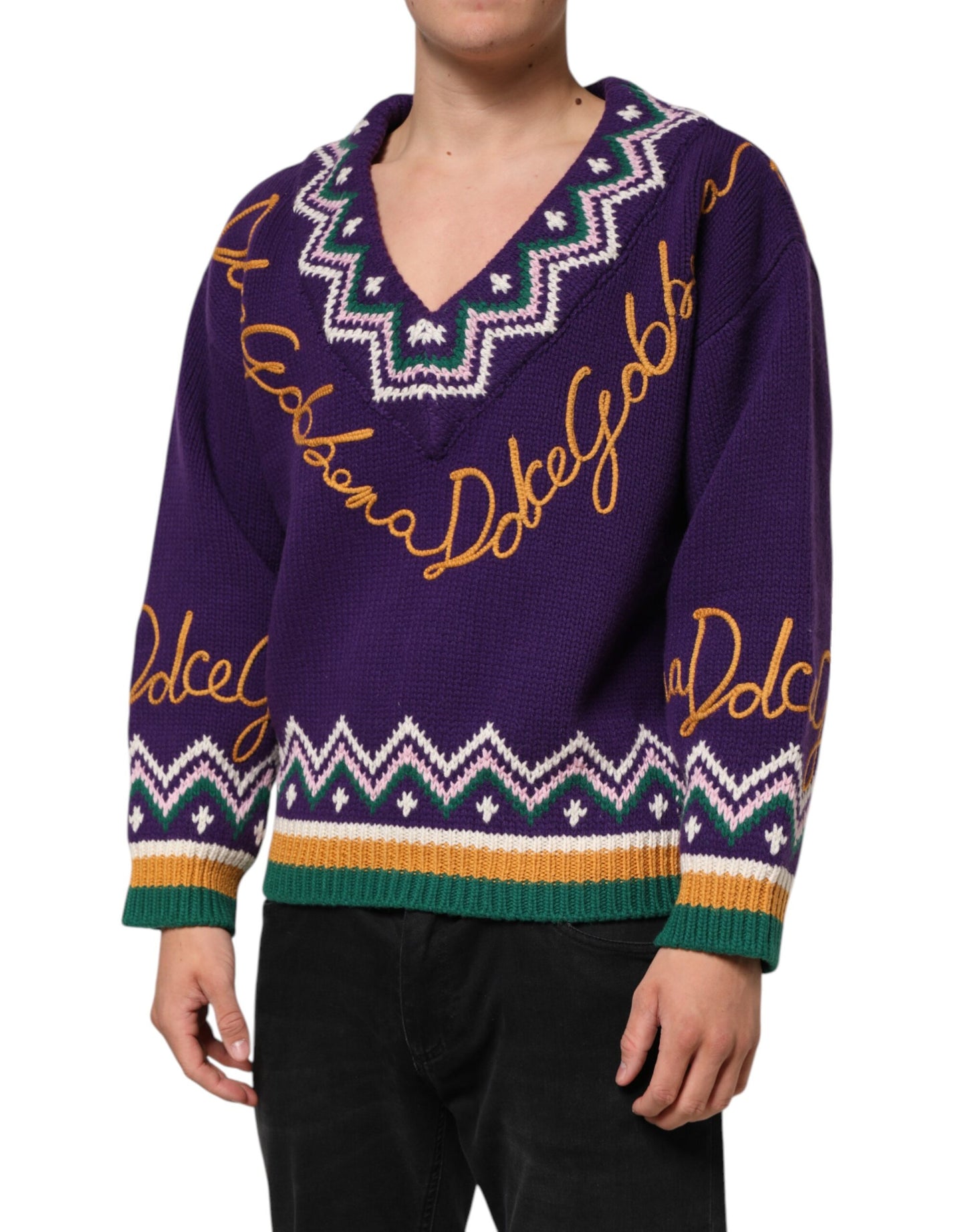 Suéter con diseño de punto de lana morada con logo DG de Dolce & Gabbana para hombre