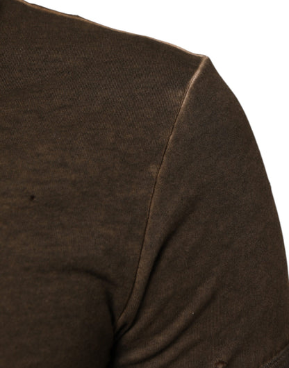 Dolce & Gabbana Dark Brown Cotton Tattered Logo Men T-shirt