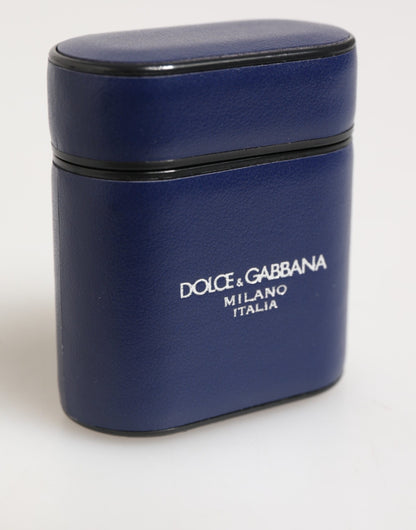 Estuche para Airpods de hombre Dolce & Gabbana de cuero azul con logo estampado