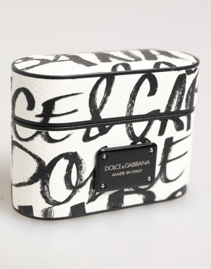 Dolce & Gabbana Black White Leather Monogram Print Logo Holder Airpods Case