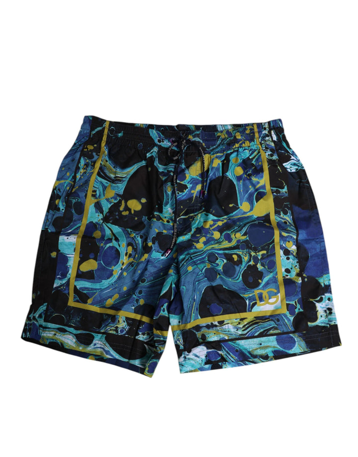 Bañador Boxer Corto con Logotipo y Estampado Azul Mármol de Dolce & Gabbana para Hombre