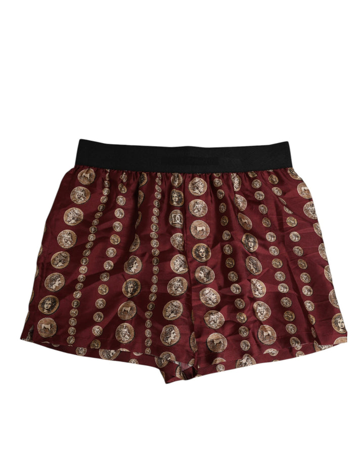 Traje de baño tipo bóxer corto de seda color burdeos con estampado de monedas Dolce & Gabbana para hombre