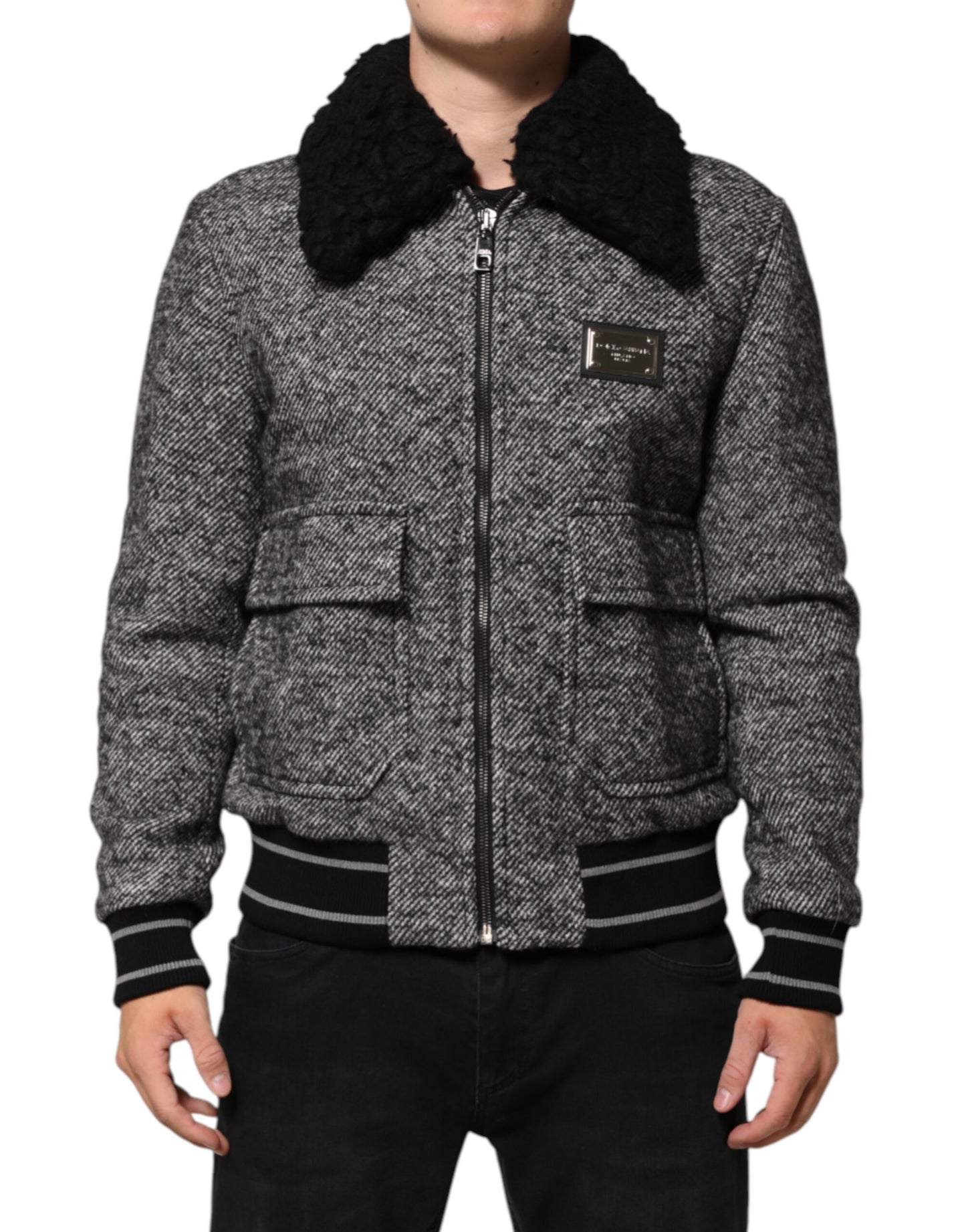 Blouson bombardier Dolce & Gabbana en laine grise à chevrons avec col en peau de mouton retournée