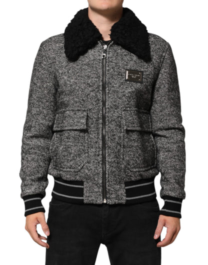 Blouson bombardier Dolce & Gabbana en laine grise à chevrons avec col en peau de mouton retournée