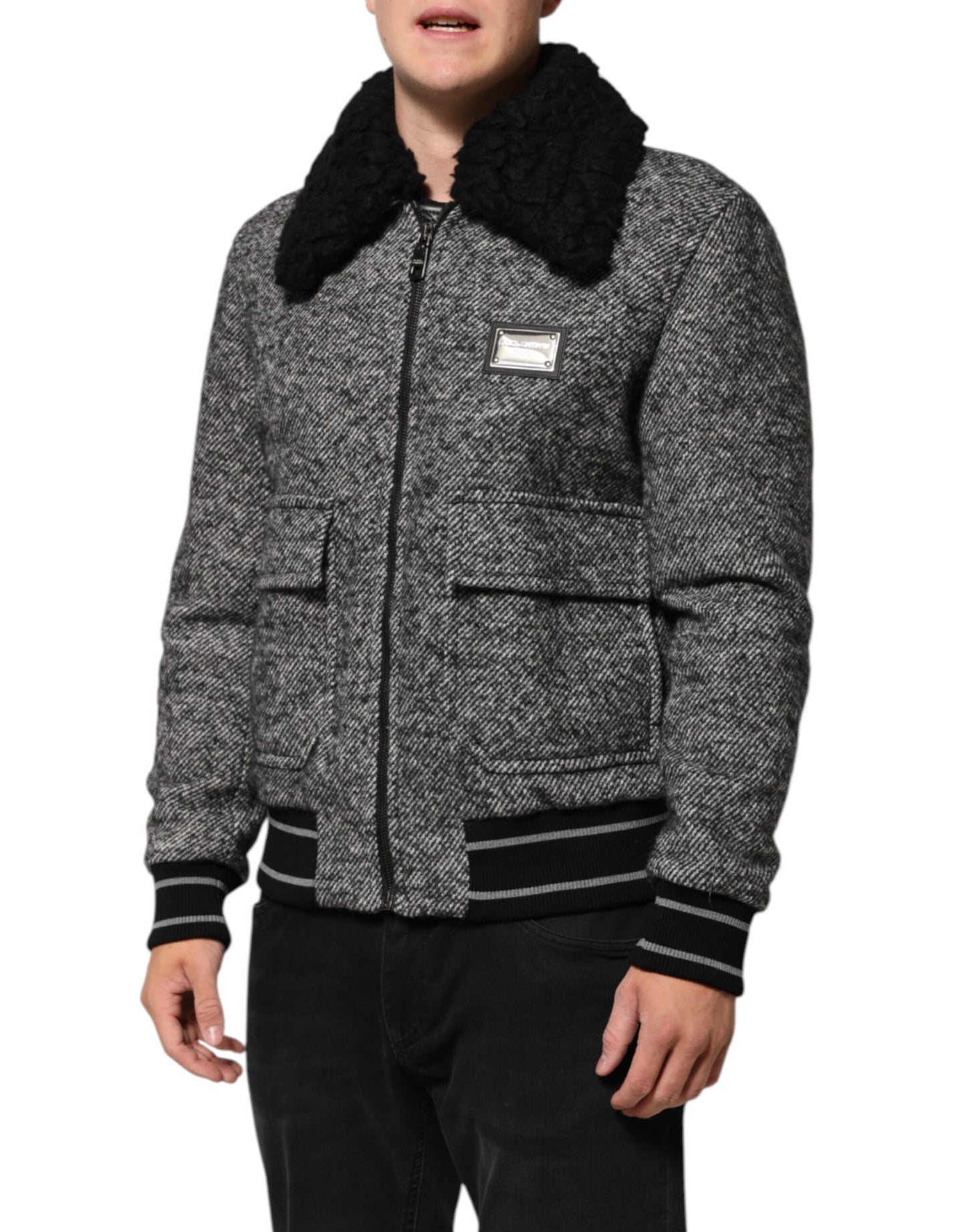Blouson bombardier Dolce & Gabbana en laine grise à chevrons avec col en peau de mouton retournée