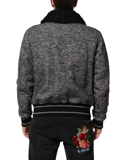 Blouson bombardier Dolce & Gabbana en laine grise à chevrons avec col en peau de mouton retournée