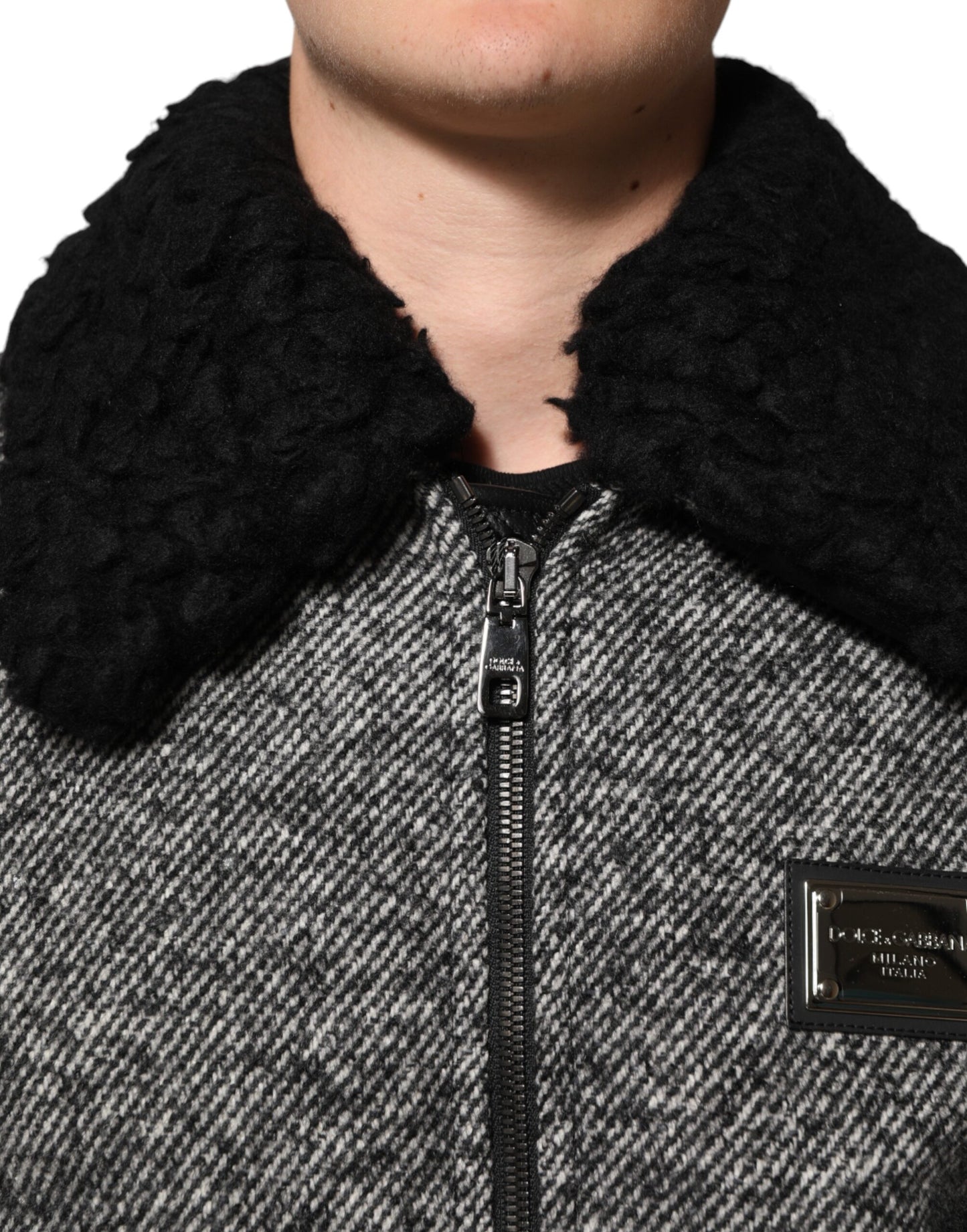 Blouson bombardier Dolce & Gabbana en laine grise à chevrons avec col en peau de mouton retournée