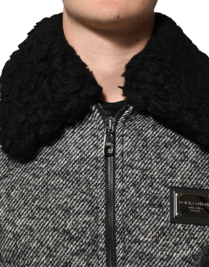 Blouson bombardier Dolce & Gabbana en laine grise à chevrons avec col en peau de mouton retournée