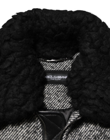 Blouson bombardier Dolce & Gabbana en laine grise à chevrons avec col en peau de mouton retournée
