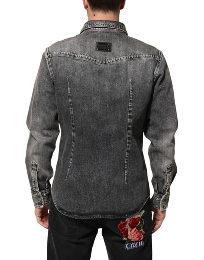 Dolce & Gabbana Black Washed Cotton Snap Long Sleeve Casual Shirt