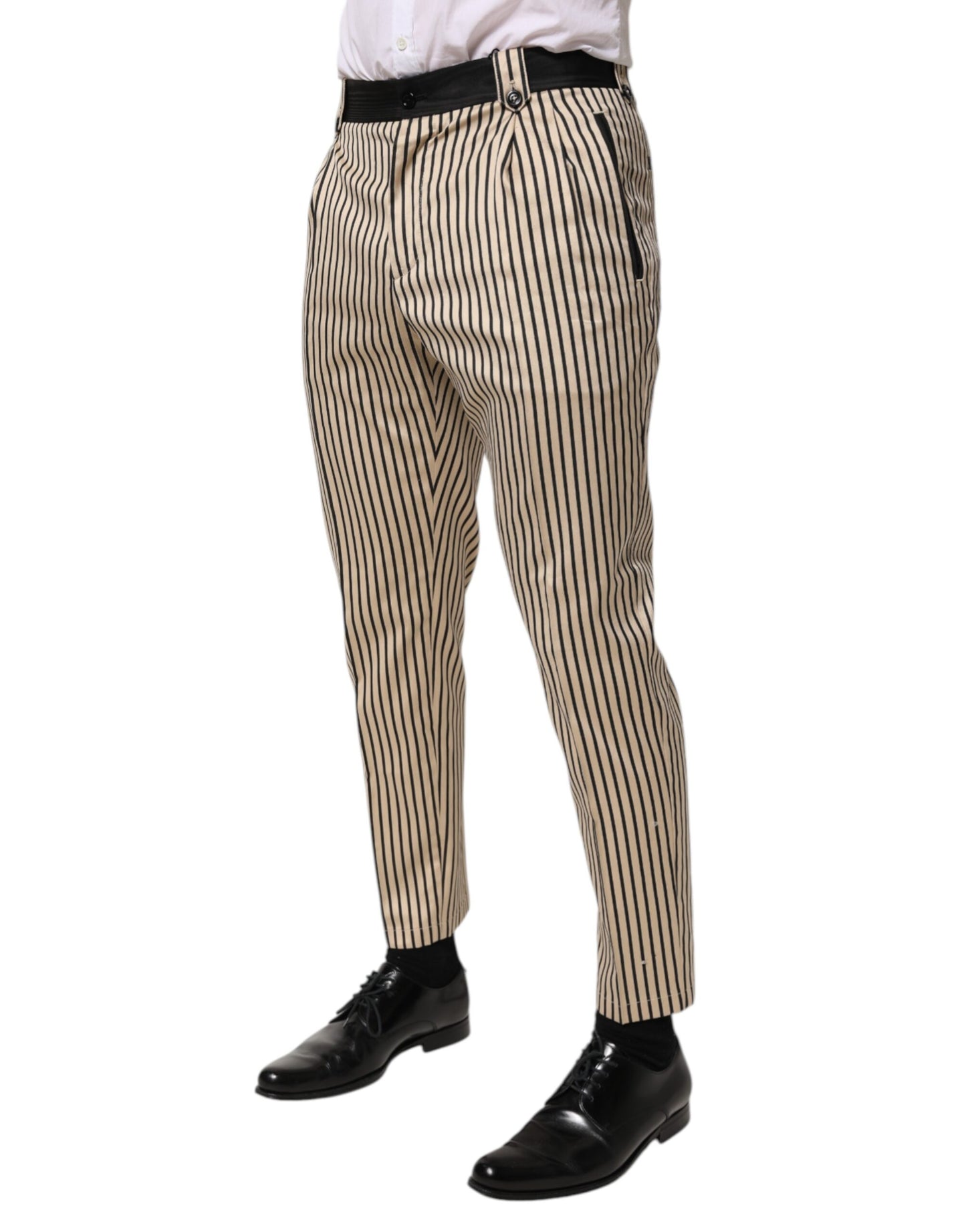 Dolce & Gabbana Pantalones de Algodón a Rayas Beige y Negro de Corte Ajustado