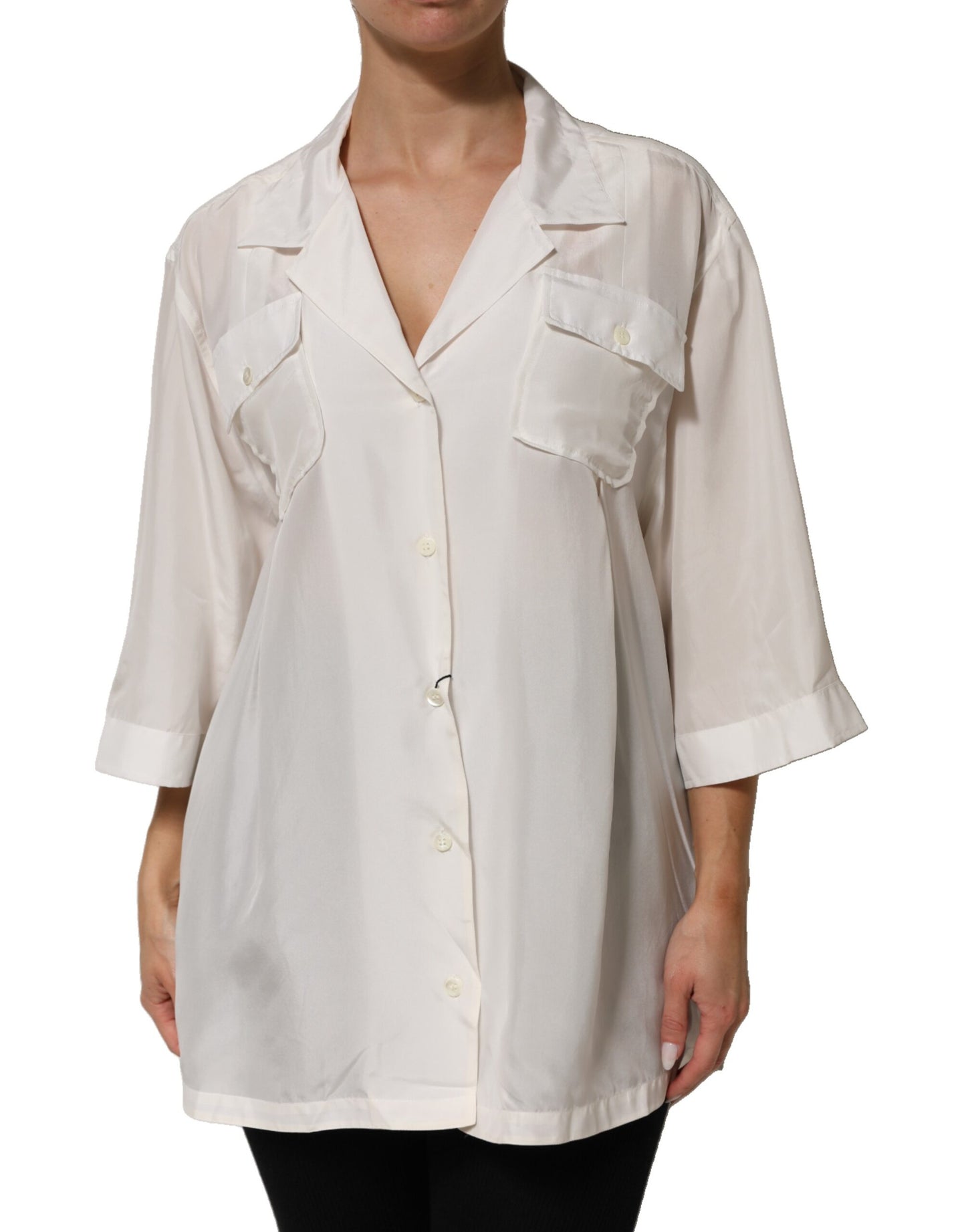 Dolce & Gabbana White Silk Collared 3/4 Sleeves Blouse Top
