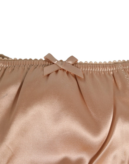 Dolce & Gabbana Nude Beige Silk Satin Bow Lace Trim Underwear