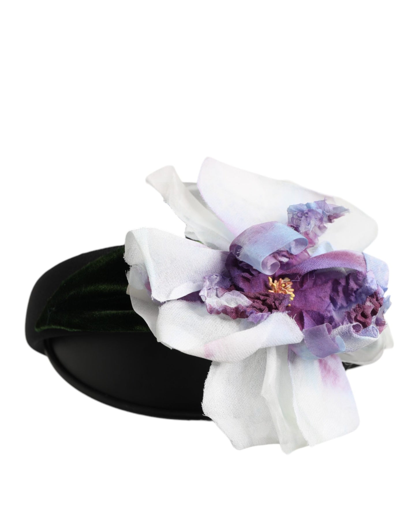 Diadema accesorio de seda negra y verde con apliques florales morados y blancos de Dolce & Gabbana