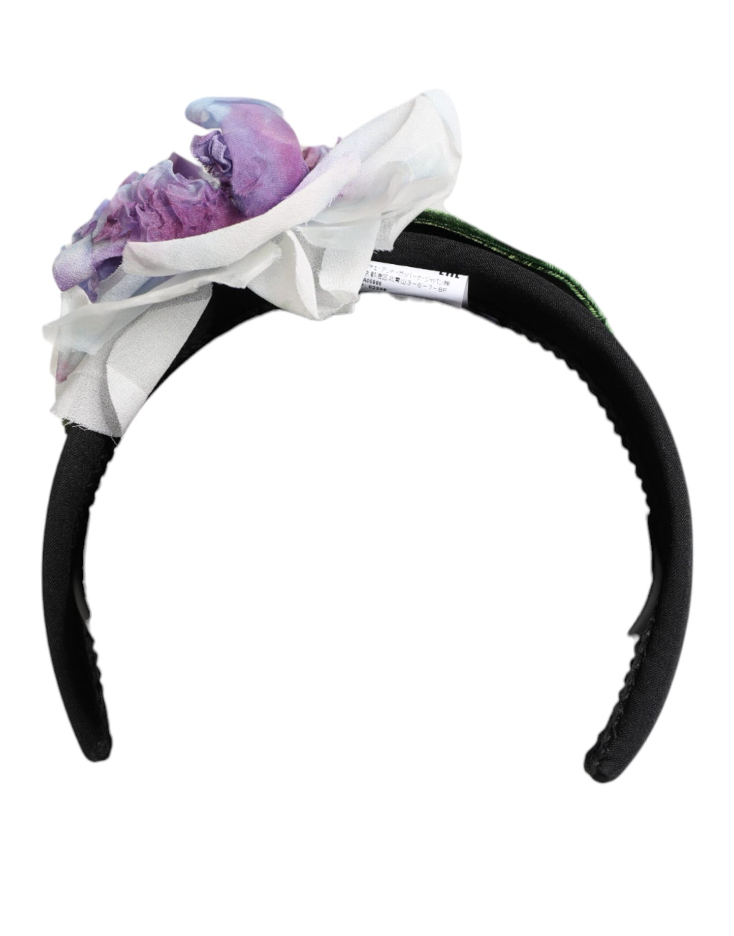 Diadema accesorio de seda negra y verde con apliques florales morados y blancos de Dolce & Gabbana