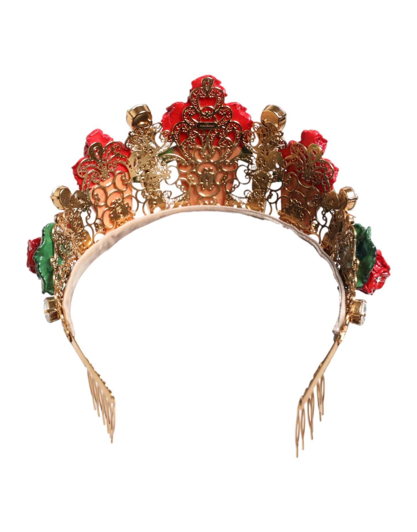 Diadema Dolce & Gabbana roja floral con maceta de cristal y corona dorada