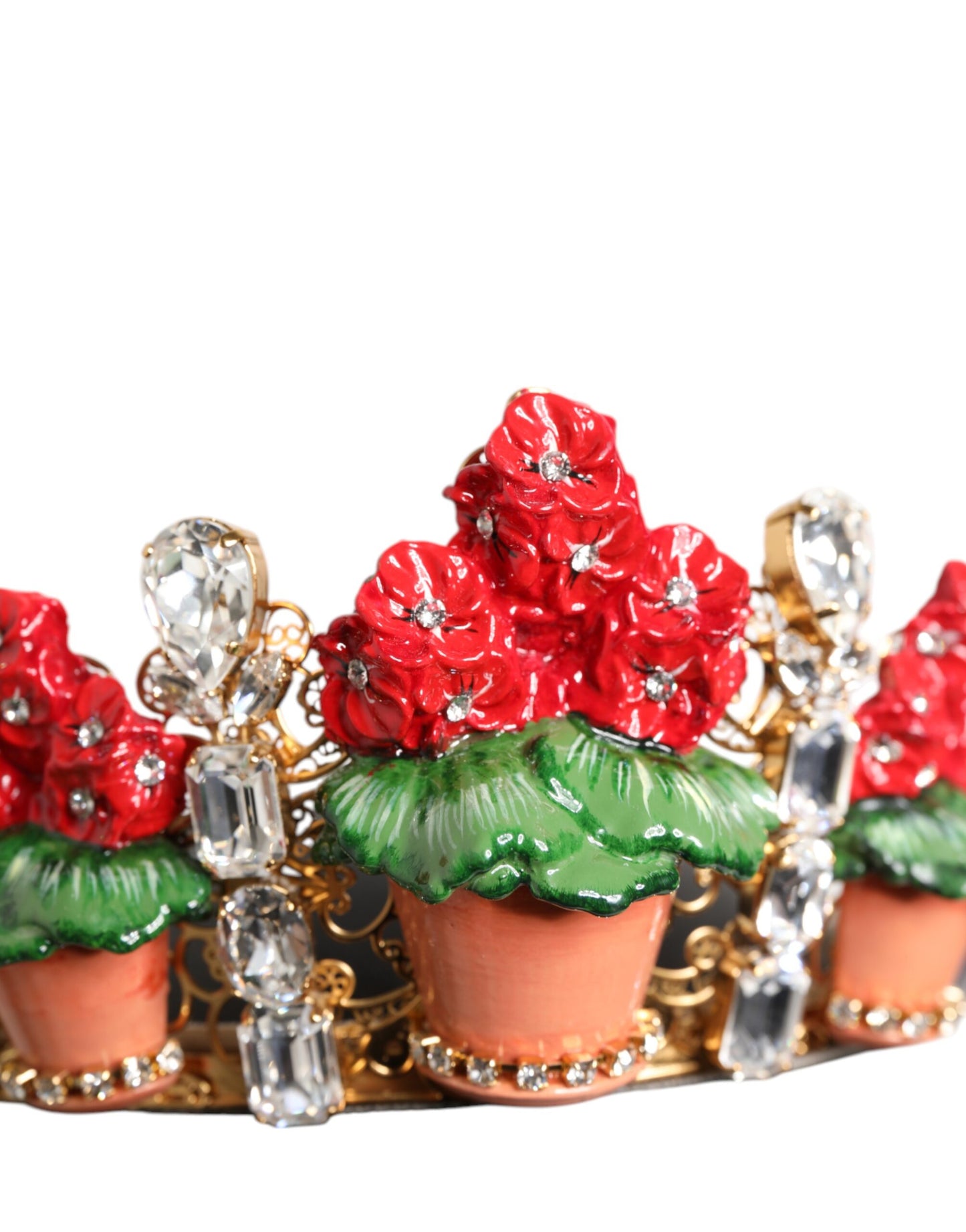 Diadema Dolce & Gabbana roja floral con maceta de cristal y corona dorada