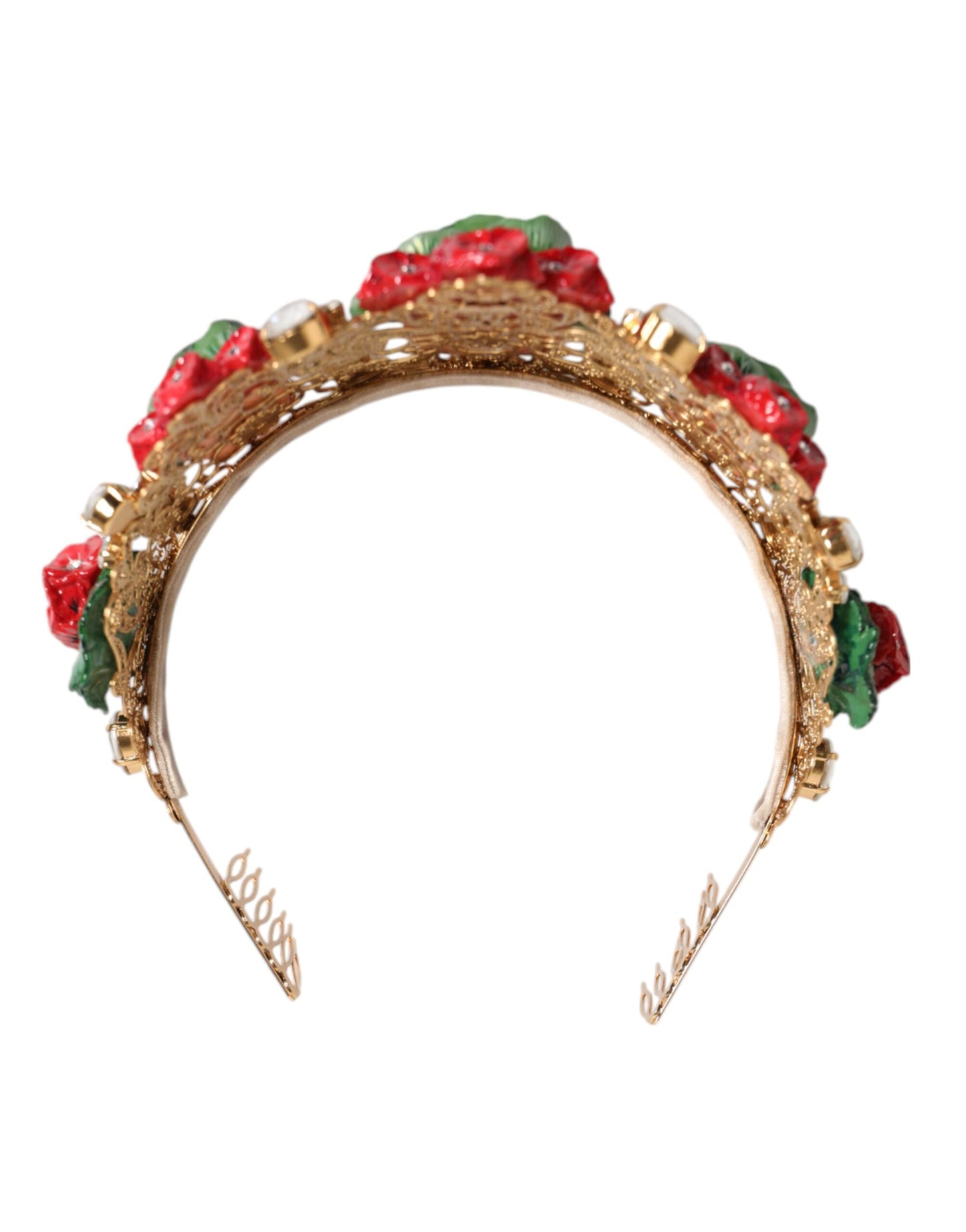 Diadema Dolce & Gabbana roja floral con maceta de cristal y corona dorada