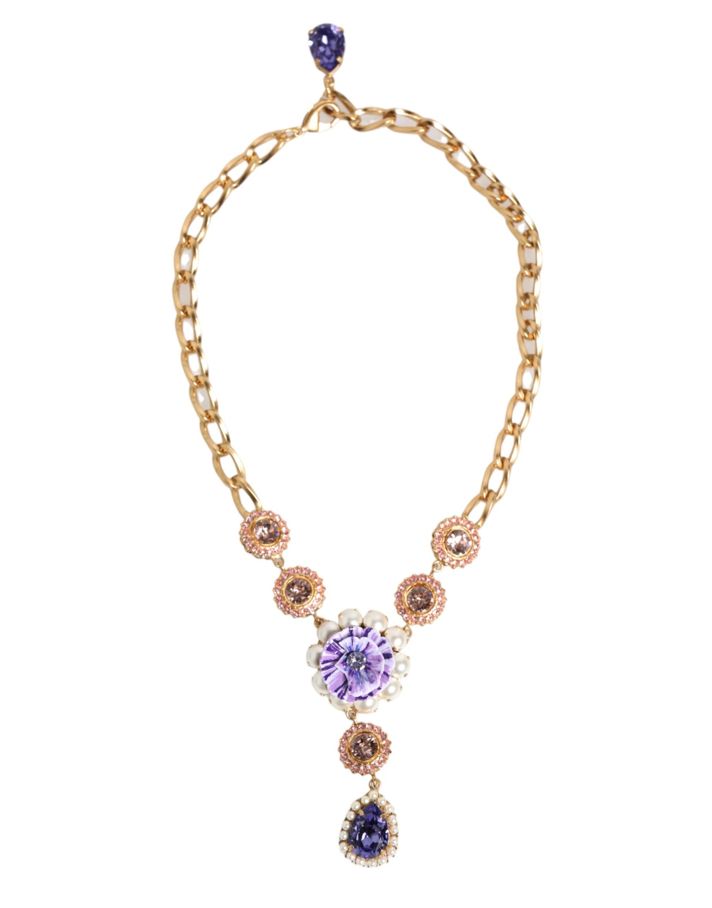 Collar con colgante floral morado de latón dorado, cristal y perlas de Dolce & Gabbana