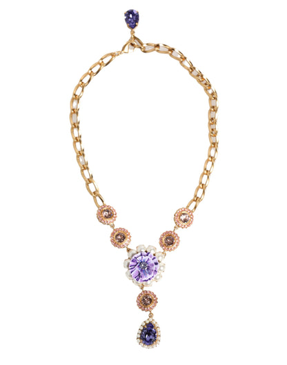 Collar con colgante floral morado de latón dorado, cristal y perlas de Dolce & Gabbana