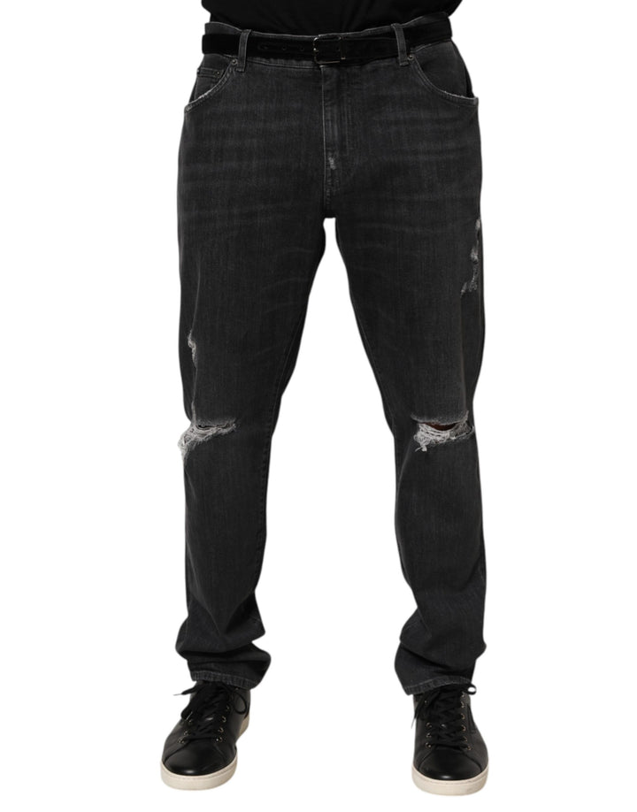 Dolce & Gabbana Jean Slim Effet Usé Noir en Coton avec Logo Déchiré