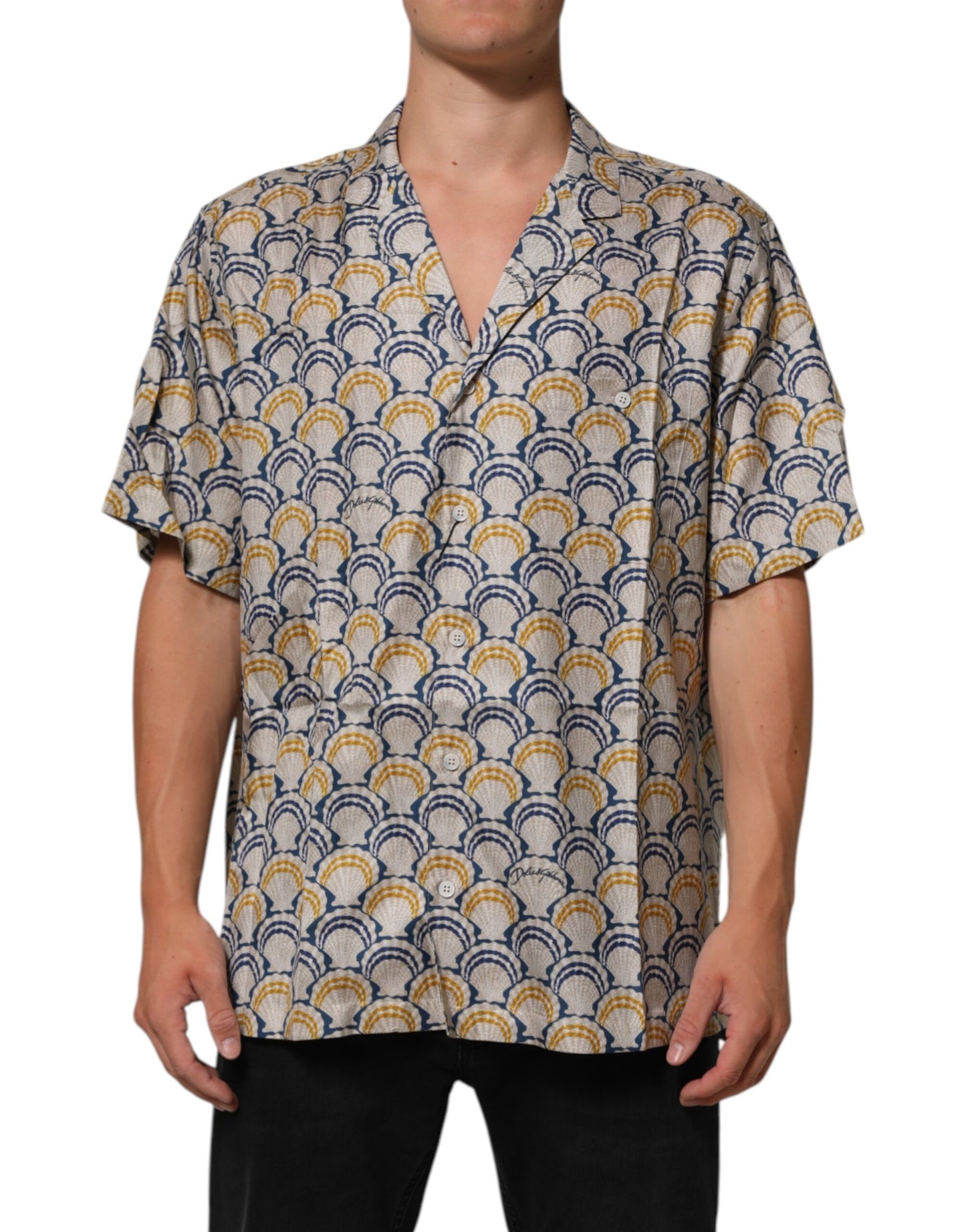 Camisa Dolce & Gabbana de Algodón y Seda Crema con Estampado de Conchas Marinas de Hawái