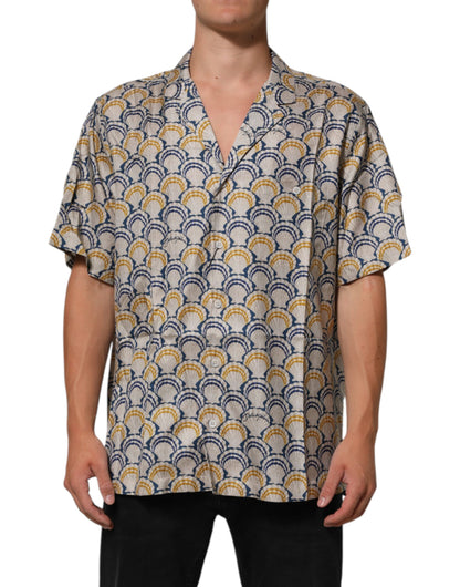 Camisa Dolce & Gabbana de Algodón y Seda Crema con Estampado de Conchas Marinas de Hawái