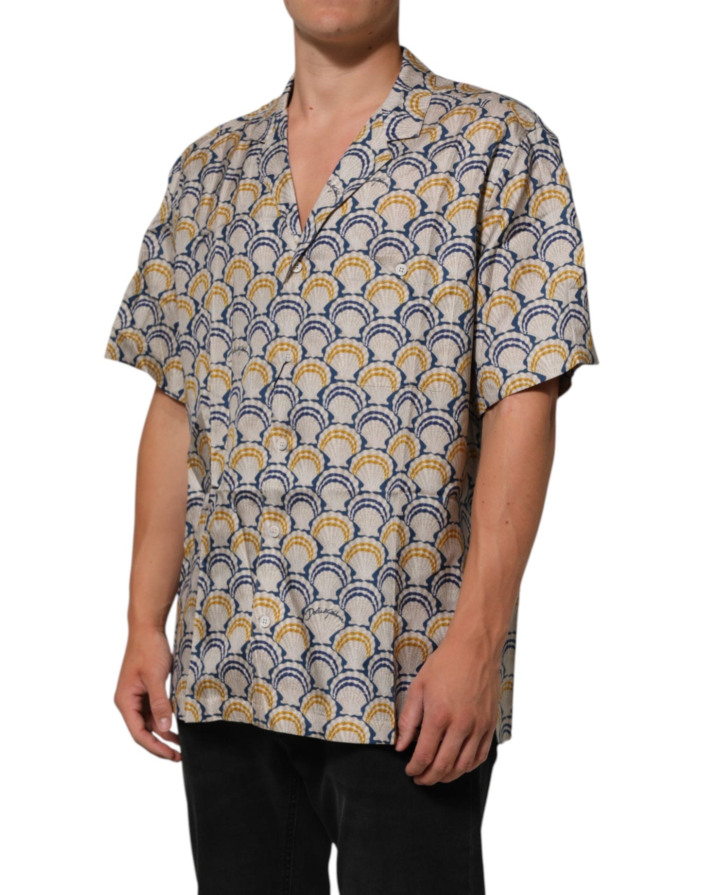 Camisa Dolce & Gabbana de Algodón y Seda Crema con Estampado de Conchas Marinas de Hawái