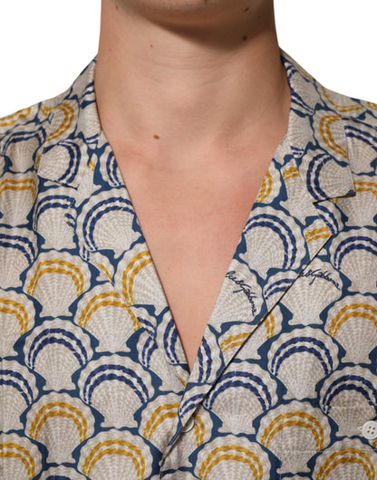 Camisa Dolce & Gabbana de Algodón y Seda Crema con Estampado de Conchas Marinas de Hawái