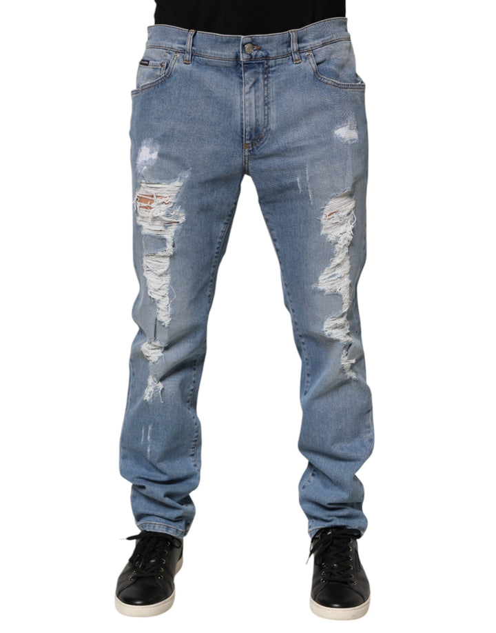 Jeans de Algodón Ajustados Desgastados Azules de Dolce & Gabbana