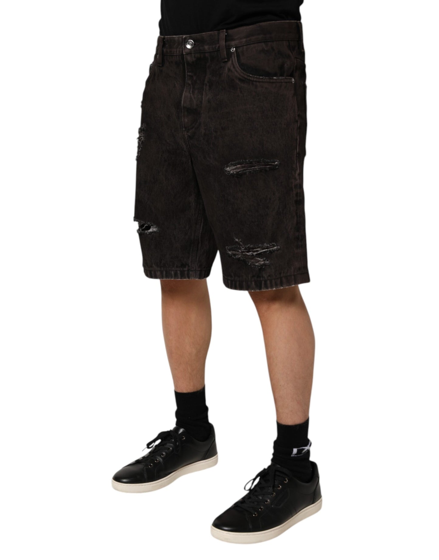 Short en jean bermuda Dolce & Gabbana en coton noir déchiré pour homme
