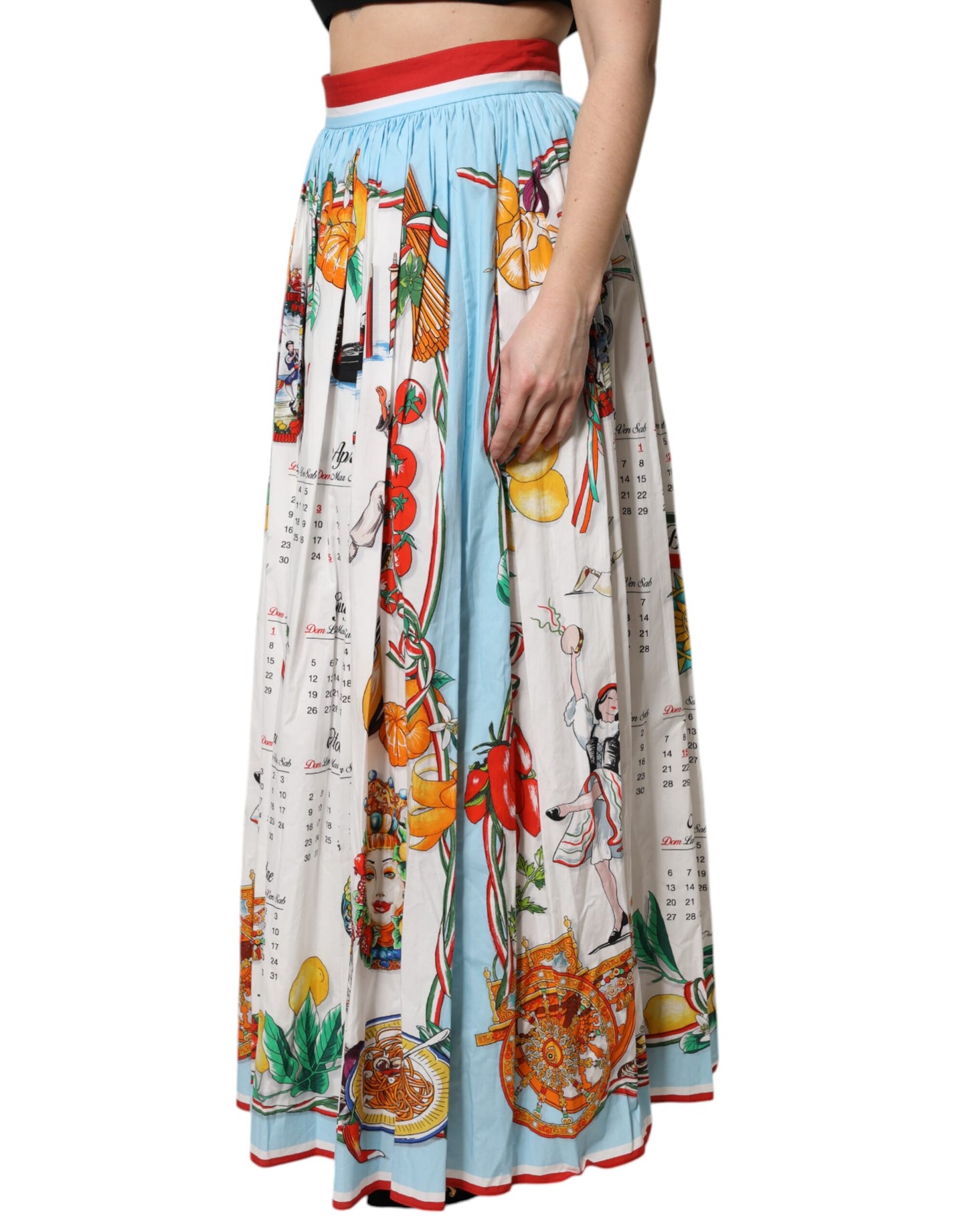 Jupe longue froncée en coton imprimé calendrier blanc Dolce & Gabbana