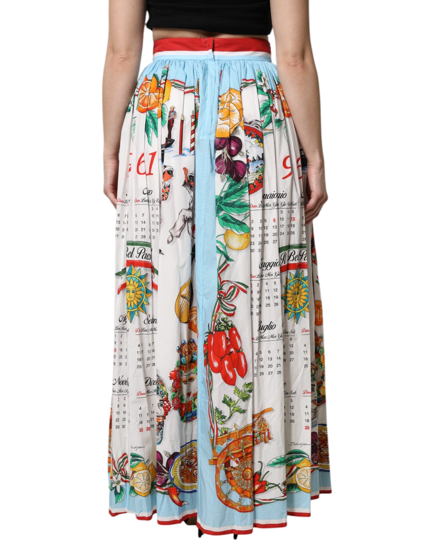 Jupe longue froncée en coton imprimé calendrier blanc Dolce & Gabbana