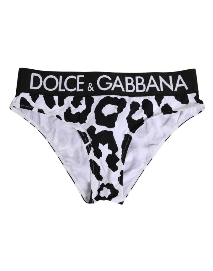 Ropa Interior Tipo Braguita de Cintura Alta de Nailon con Estampado de Leopardo Blanco de Dolce & Gabbana