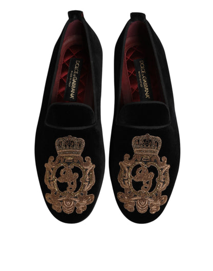Chaussures mocassins homme Dolce & Gabbana en velours noir à couronne dorée