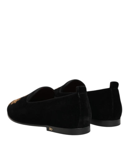 Chaussures mocassins homme Dolce & Gabbana en velours noir à couronne dorée