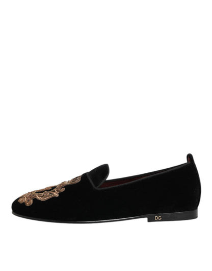Chaussures mocassins homme Dolce & Gabbana en velours noir à couronne dorée