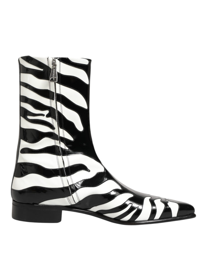 Dolce & Gabbana Black White Zebra Leather Mid Calf Boots Shoes