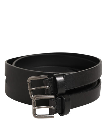 Cinturón Dolce & Gabbana negro de piel con doble correa y hebilla plateada