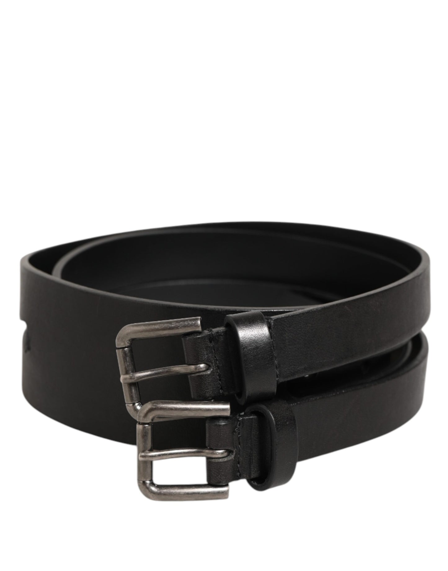 Cinturón Dolce & Gabbana negro de piel con doble correa y hebilla plateada