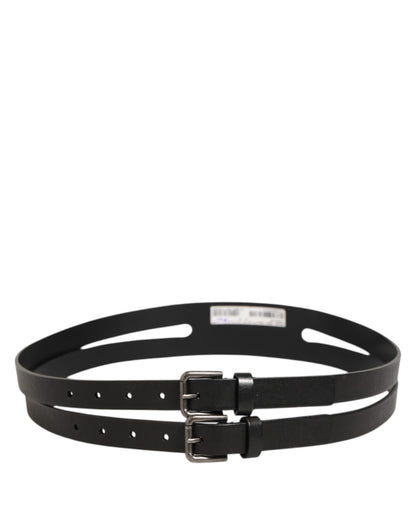 Cinturón Dolce & Gabbana negro de piel con doble correa y hebilla plateada