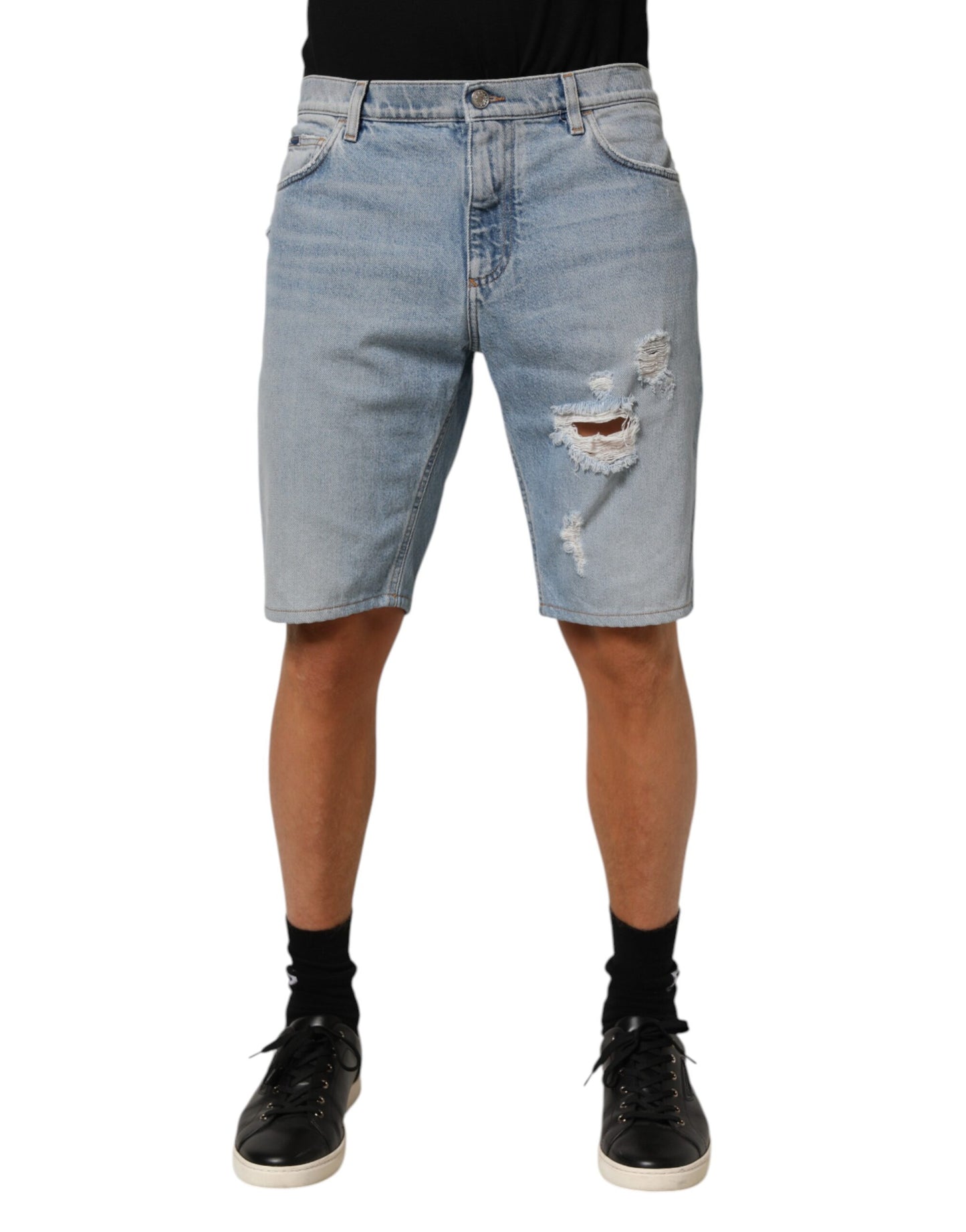 Dolce & Gabbana Blue Cotton Distressed Denim Bermuda  Shorts